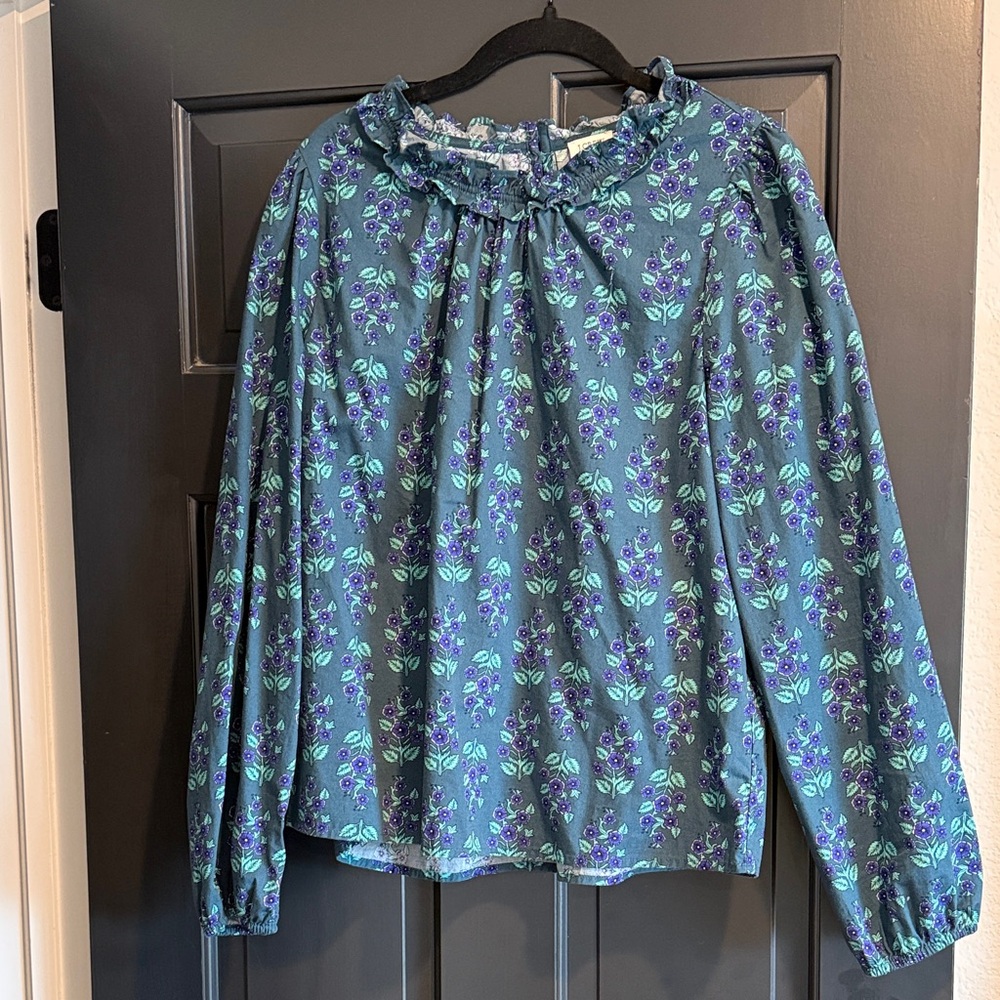 J. Crew Teal Floral Ruffle-Neck Blouse with Purple Accents